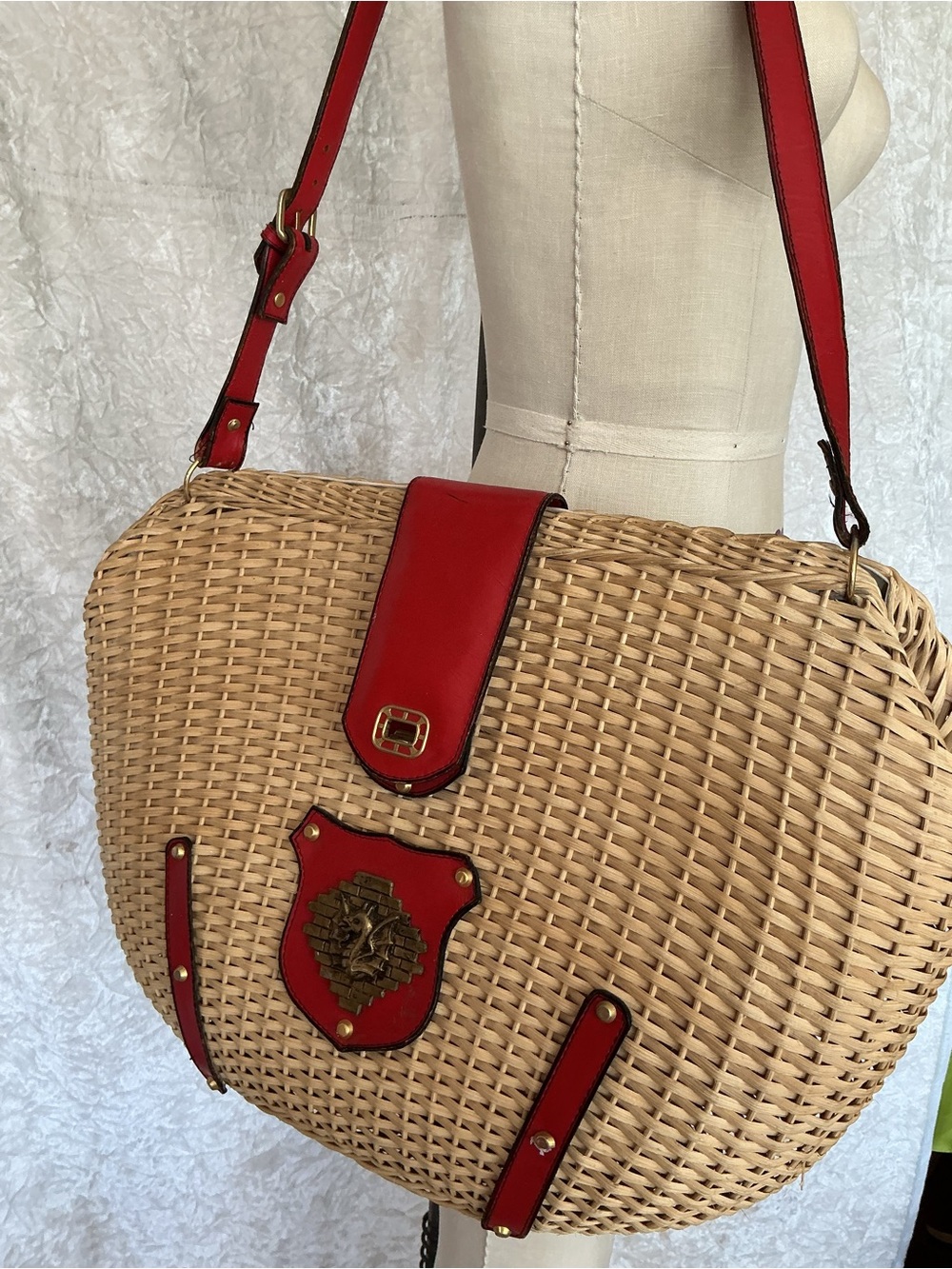 Vintage Wicker & Leather Statement Shoulder Bag